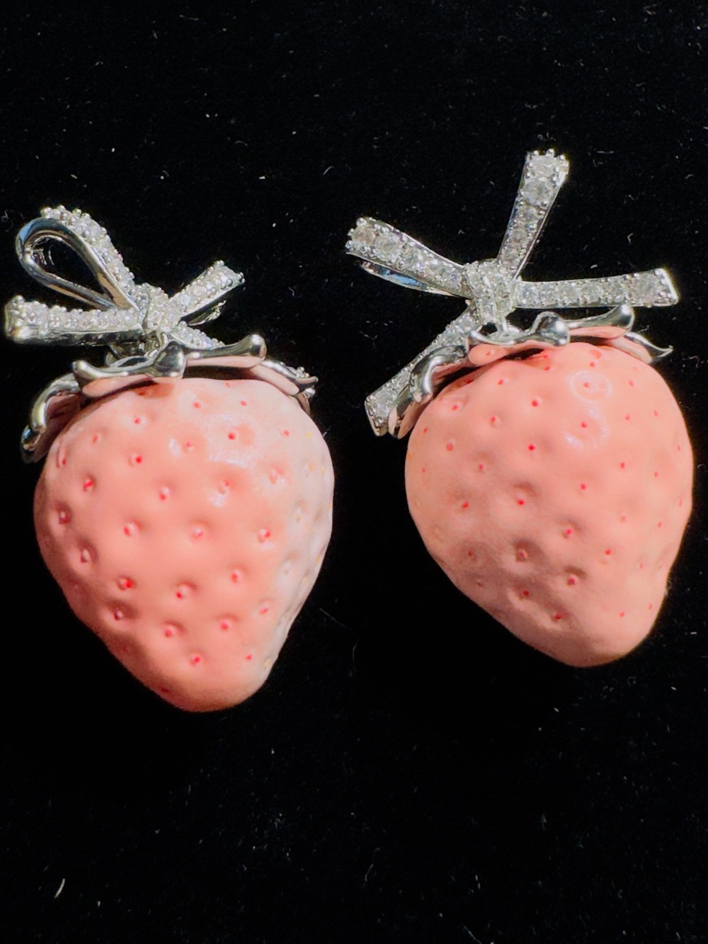 Pink Strawberry Drop Earrings with Silver Bow Accents